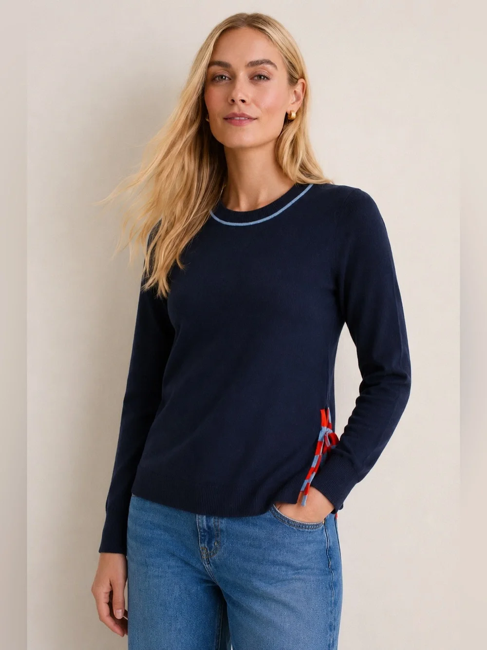 J. Crew Merino Wool Crewneck Sweater Navy Blue Side Slits Ties Size Medium 491